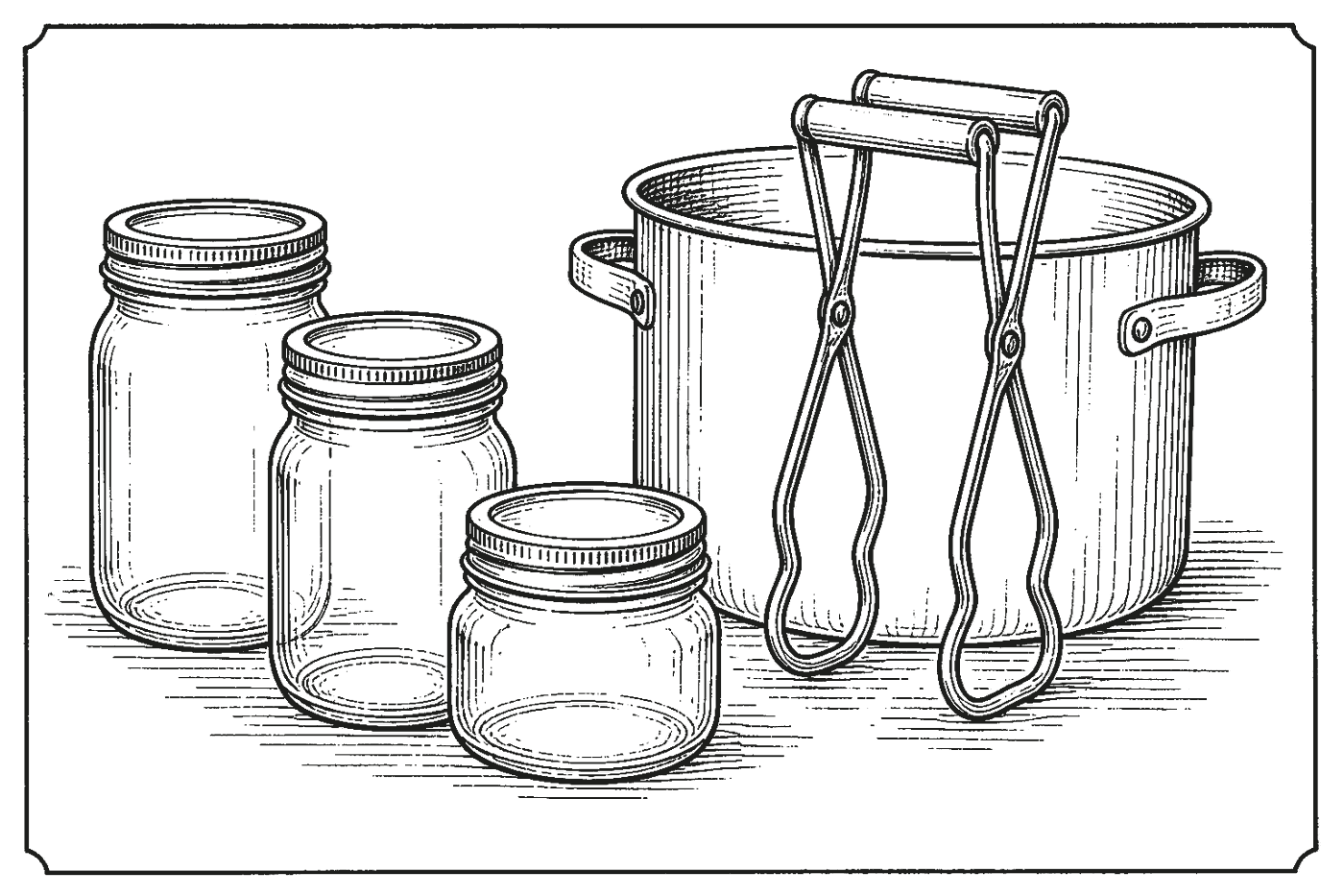 Jars of beans and tomatoes beside a steaming pot and jar lifter.