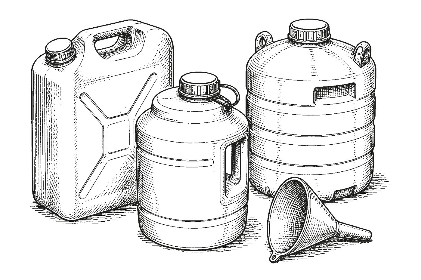 A porch table with an enamel pitcher, water jugs, a cutting board, and a half-cut onion.