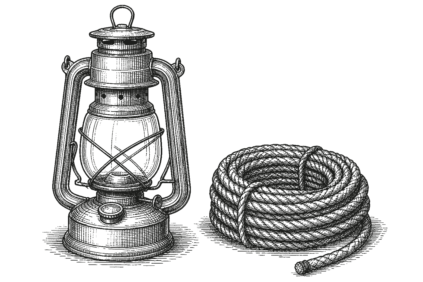 An oil lantern and a battery lantern on a table at dusk.